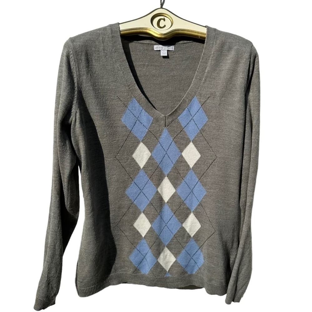 New York & Co - grey argyle deep v-neck sweater, sizeXL